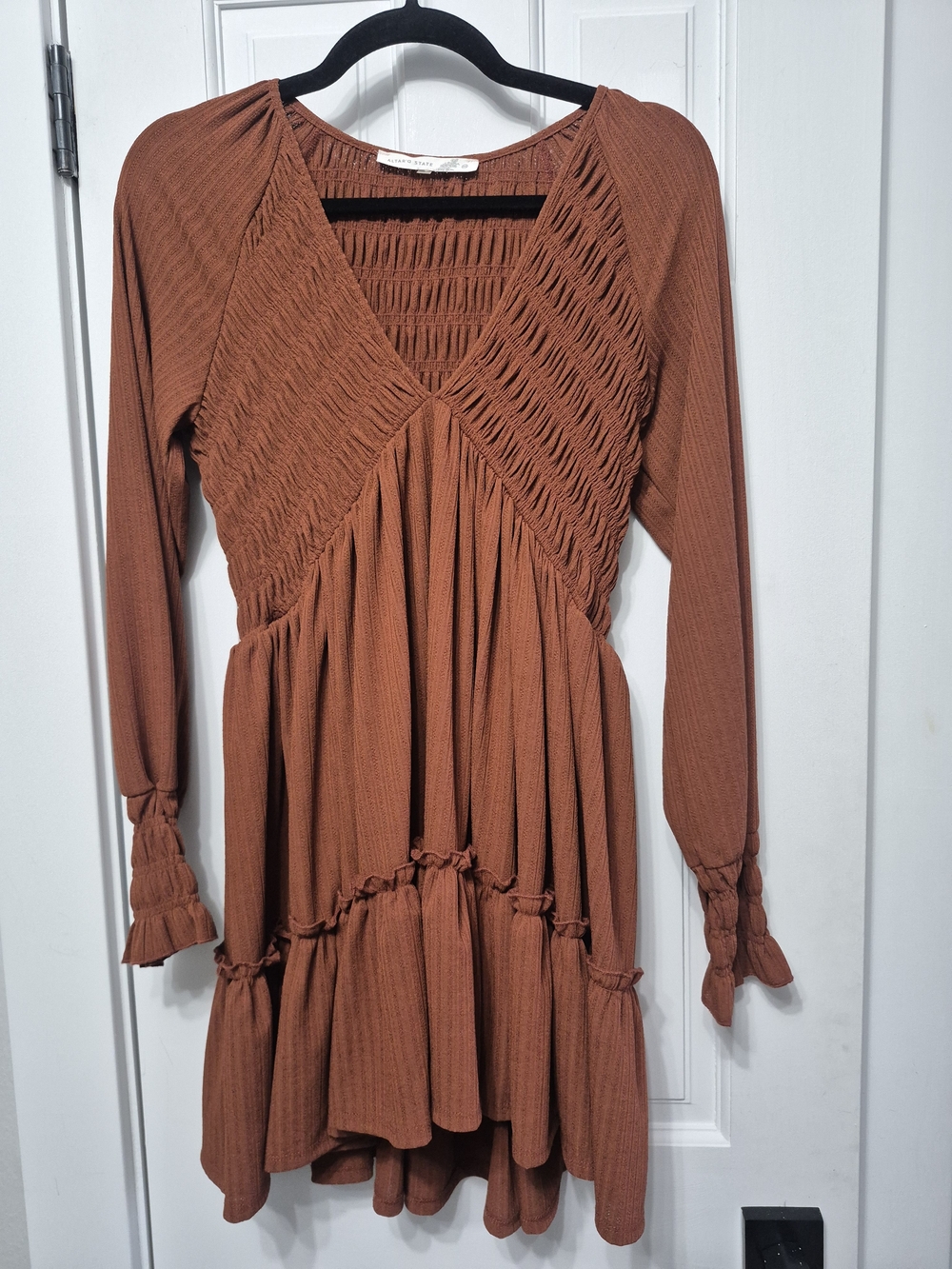 Altar'd State Rust Smocked V-Neck Long Sleeve Mini Dress